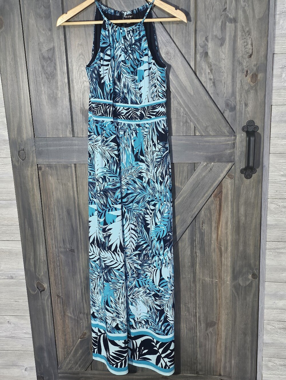 Roz & Ali Teal and Navy Tropical Halter Maxi One-Piece Women's 4